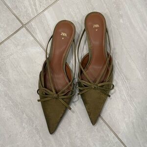 Zara Olive Pointed Toe Slingback Flats with Bow